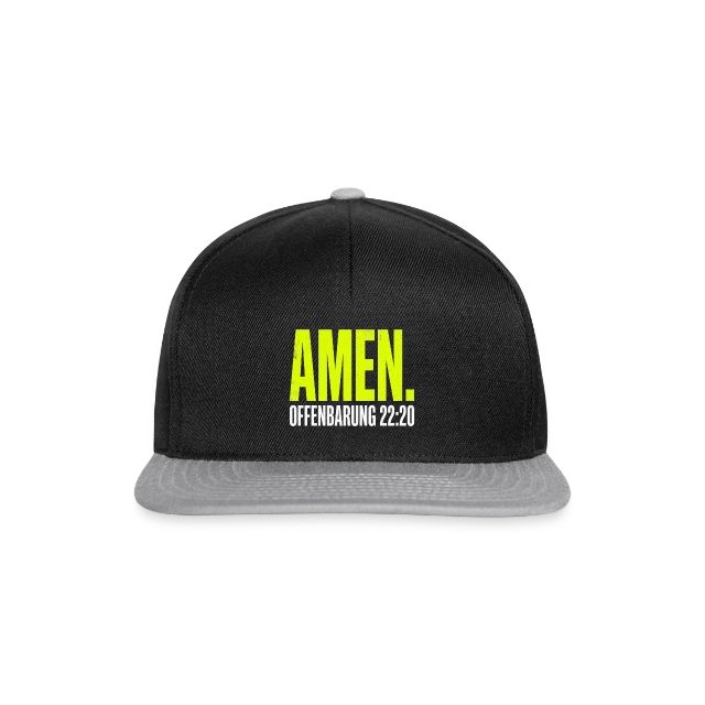 Amen – Offenbarung 22,20 auf Snapback Cap in Schwarz/Grau, Vorderansicht
