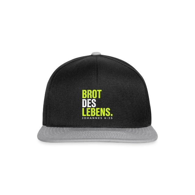 Brot des Lebens – Johannes 6,35 auf Snapback Cap in Schwarz/Grau, Vorderansicht