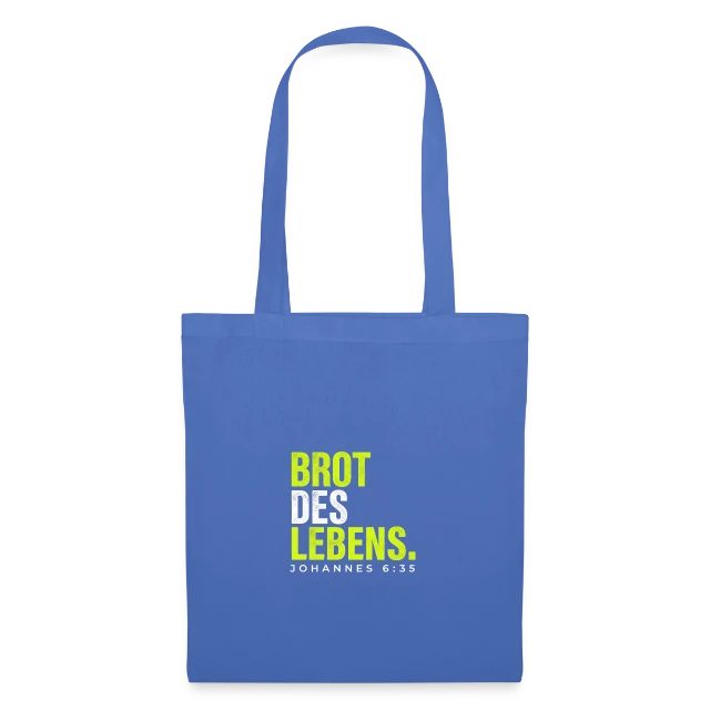 Brot des Lebens – Johannes 6,35 auf Stoffbeutel in Hellblau, Vorderansicht