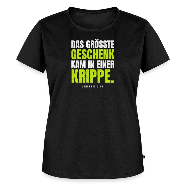 Das größte Geschenk – Johannes 3,16 auf Frauen Premium Bio T-Shirt in Schwarz, Vorderansicht