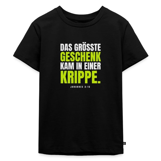Das größte Geschenk – Johannes 3,16 auf Kinder Premium Bio T-Shirt in Schwarz, Vorderansicht