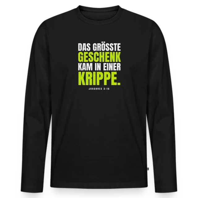 Das größte Geschenk – Johannes 3,16 auf Männer Premium Bio Langarmshirt in Schwarz, Vorderansicht