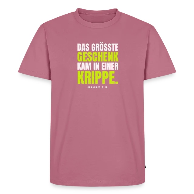 Das größte Geschenk – Johannes 3,16 auf Männer Premium Bio T-Shirt in Mauve, Vorderansicht