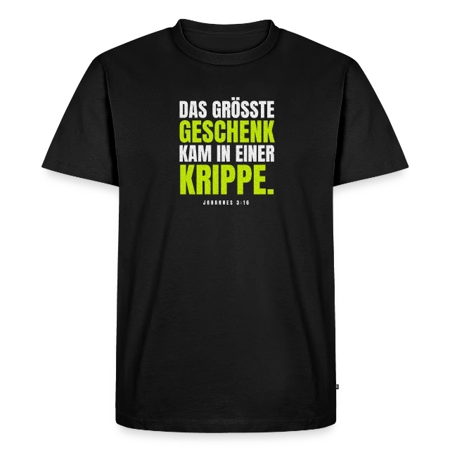 Das größte Geschenk – Johannes 3,16 auf Männer Premium Bio T-Shirt in Schwarz, Vorderansicht