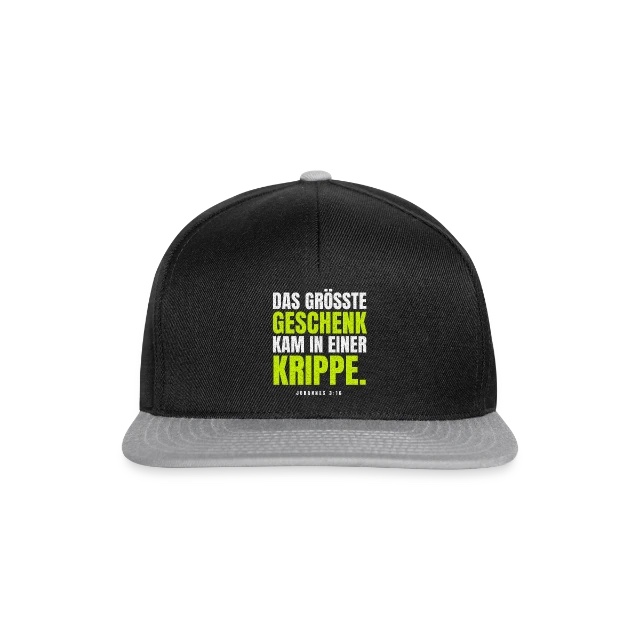 Das größte Geschenk – Johannes 3,16 auf Snapback Cap in Schwarz/Grau, Vorderansicht