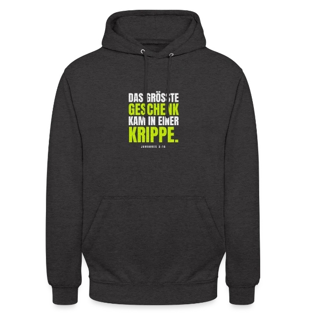 Das größte Geschenk – Johannes 3,16 auf Unisex Hoodie in Anthrazit, Vorderansicht