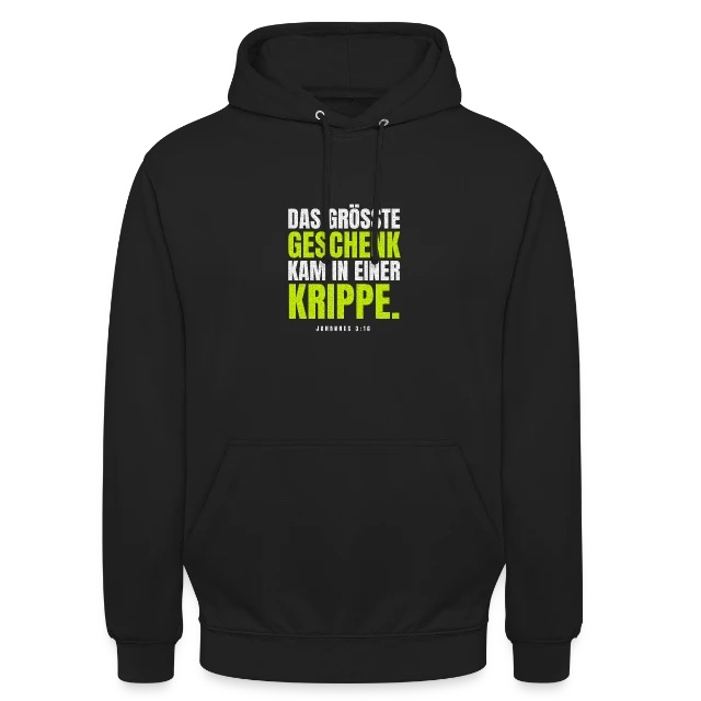 Das größte Geschenk – Johannes 3,16 auf Unisex Hoodie in Schwarz, Vorderansicht