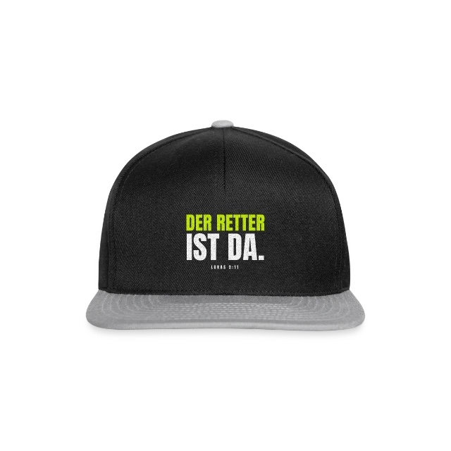 Der Retter ist da – Lukas 2,11 auf Snapback Cap in Schwarz/Grau, Vorderansicht