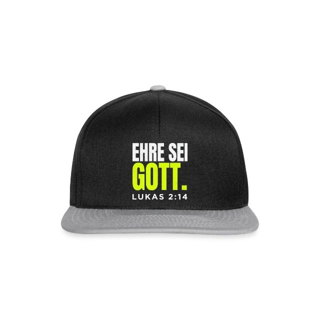 Ehre sei Gott – Lukas 2,14 auf Snapback Cap in Schwarz/Grau, Vorderansicht