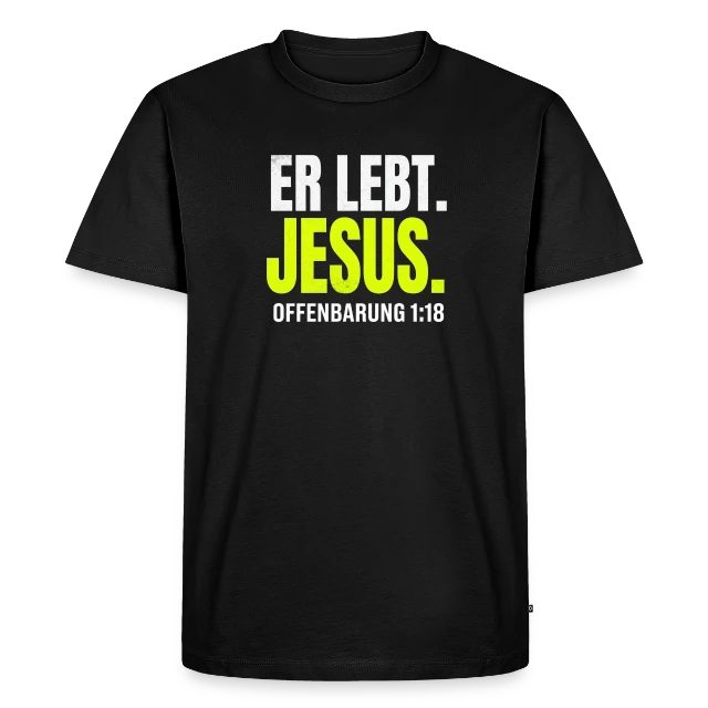 Er lebt. Jesus. – Offenbarung 1,18 auf Männer Premium Bio T-Shirt in Schwarz, Vorderansicht