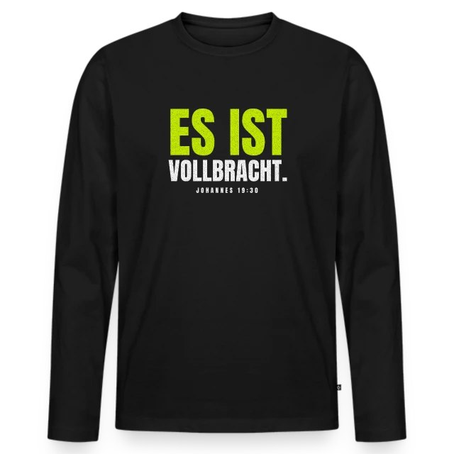 Es ist vollbracht. – Johannes 19,30 auf Männer Premium Bio Langarmshirt in Schwarz, Vorderansicht