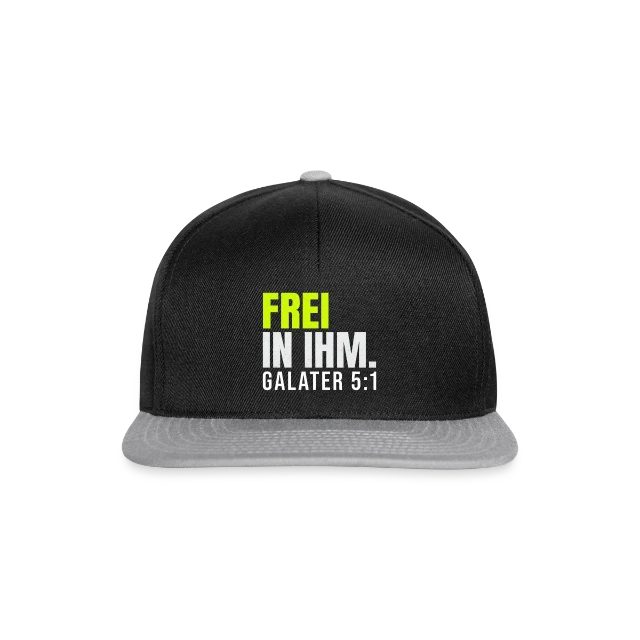 Frei in ihm – Galater 5,1 auf Snapback Cap in Schwarz/Grau, Vorderansicht