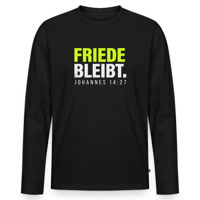 Friede bleibt – Johannes 14,27 auf Männer Premium Bio Langarmshirt in Schwarz, Vorderansicht