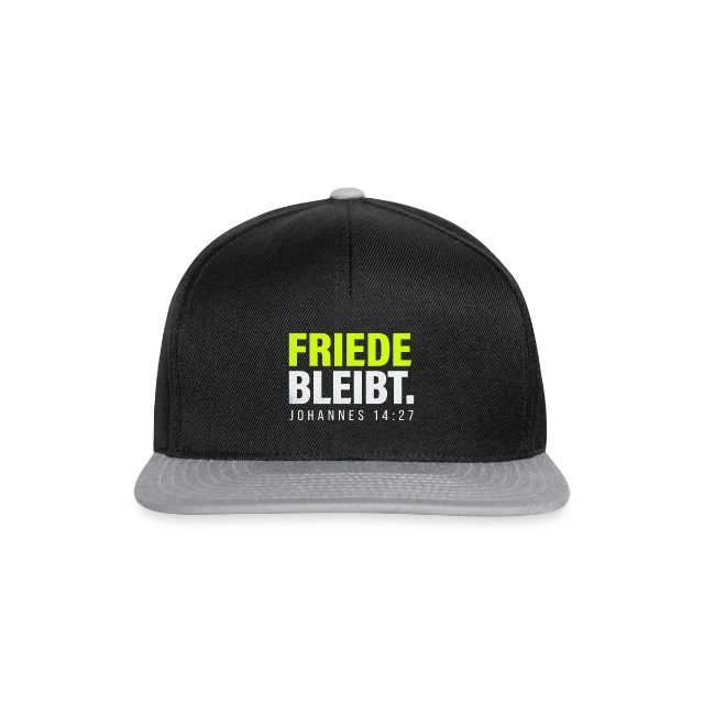 Friede bleibt – Johannes 14,27 auf Snapback Cap in Schwarz/Grau, Vorderansicht