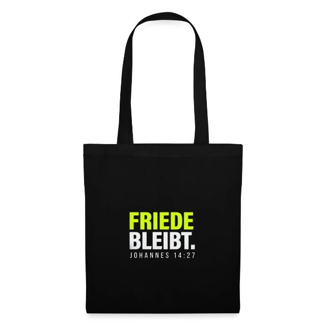 Friede bleibt – Johannes 14,27 auf Stoffbeutel in Schwarz, Vorderansicht