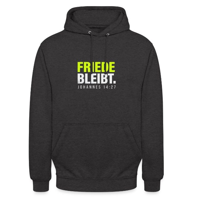 Friede bleibt – Johannes 14,27 auf Unisex Hoodie in Anthrazit, Vorderansicht