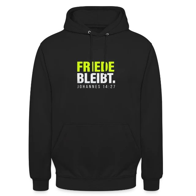 Friede bleibt – Johannes 14,27 auf Unisex Hoodie in Schwarz, Vorderansicht