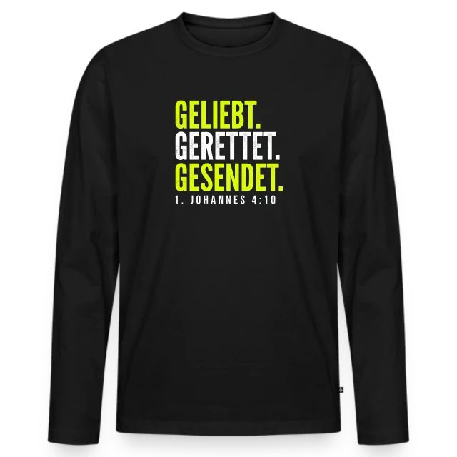 Geliebt. Gerettet. Gesendet. – 1. Johannes 4,10 auf Männer Premium Bio Langarmshirt in Schwarz, Vorderansicht
