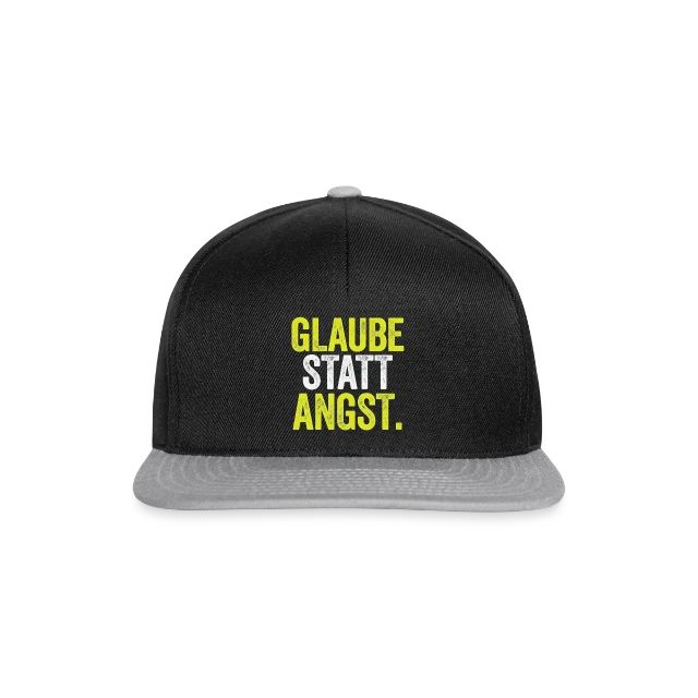 Glaube statt Angst – Markus 5,36 auf Snapback Cap in Schwarz/Grau, Vorderansicht