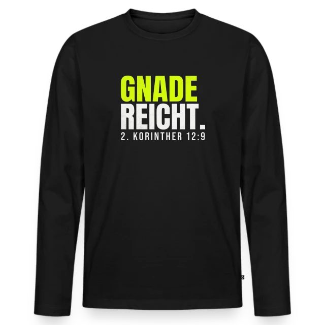 Gnade reicht – 2. Korinther 12,9 auf Männer Premium Bio Langarmshirt in Schwarz, Vorderansicht