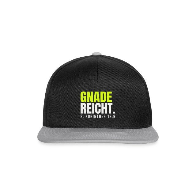 Gnade reicht – 2. Korinther 12,9 auf Snapback Cap in Schwarz/Grau, Vorderansicht