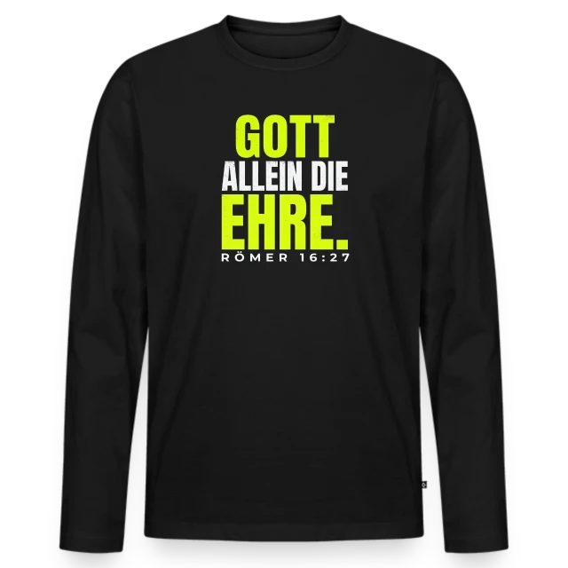 Gott allein die Ehre – Römer 16,27 auf Männer Premium Bio Langarmshirt in Schwarz, Vorderansicht