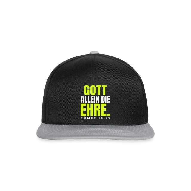 Gott allein die Ehre – Römer 16,27 auf Snapback Cap in Schwarz/Grau, Vorderansicht