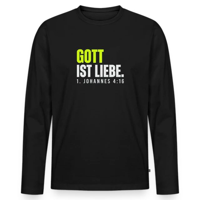 Gott ist Liebe – 1. Johannes 4,16 auf Männer Premium Bio Langarmshirt in Schwarz, Vorderansicht