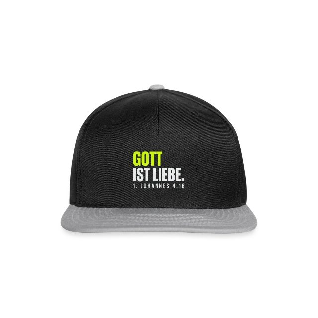 Gott ist Liebe – 1. Johannes 4,16 auf Snapback Cap in Schwarz/Grau, Vorderansicht
