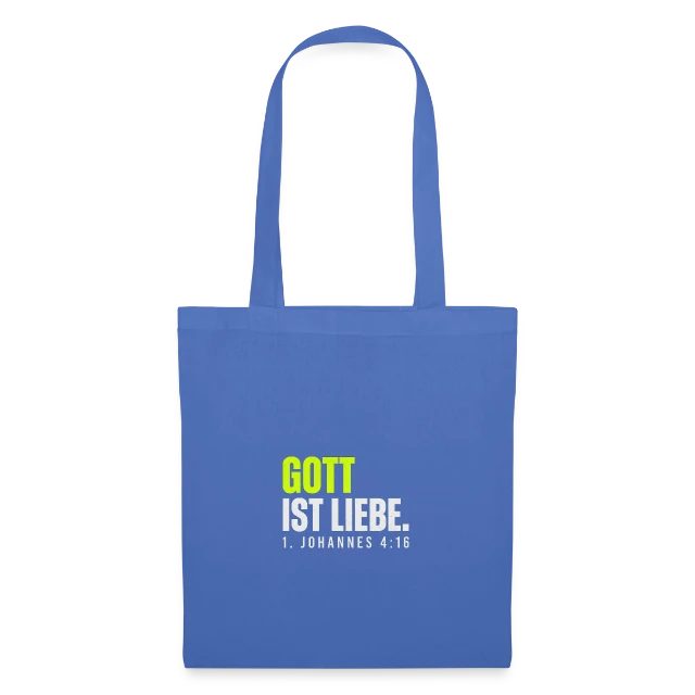 Gott ist Liebe – 1. Johannes 4,16 auf Stoffbeutel in Hellblau, Vorderansicht