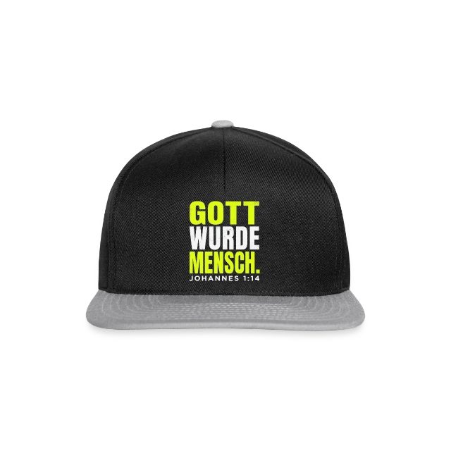 Gott wurde Mensch – Johannes 1,14 auf Snapback Cap in Schwarz/Grau, Vorderansicht