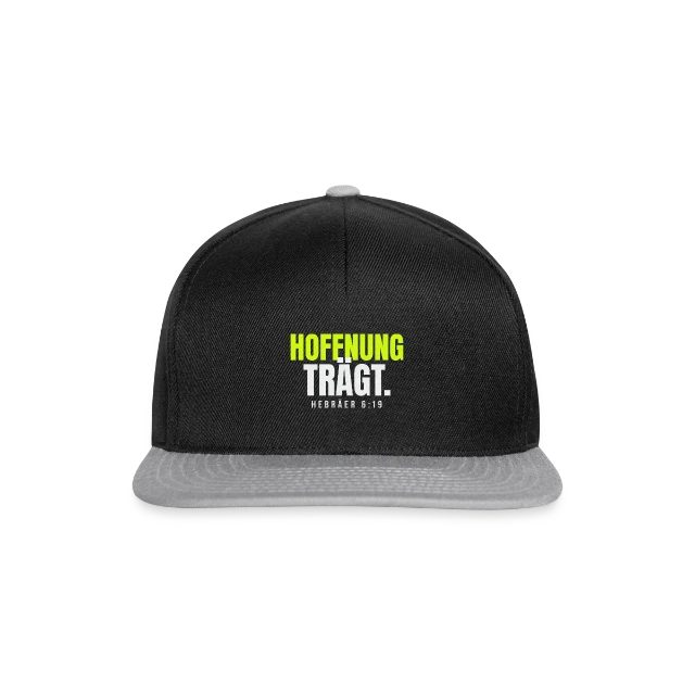 Hoffnung trägt – Hebräer 6,19 auf Snapback Cap in Schwarz/Grau, Vorderansicht