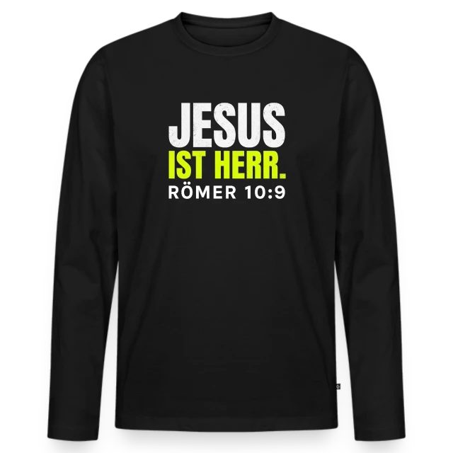 Jesus ist Herr – Römer 10,9 auf Männer Premium Bio Langarmshirt in Schwarz, Vorderansicht