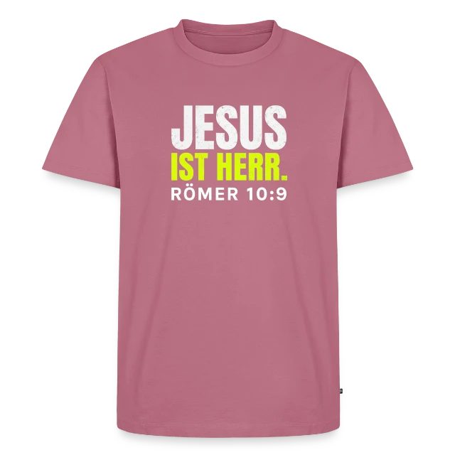 Jesus ist Herr – Römer 10,9 auf Männer Premium Bio T-Shirt in Mauve, Vorderansicht