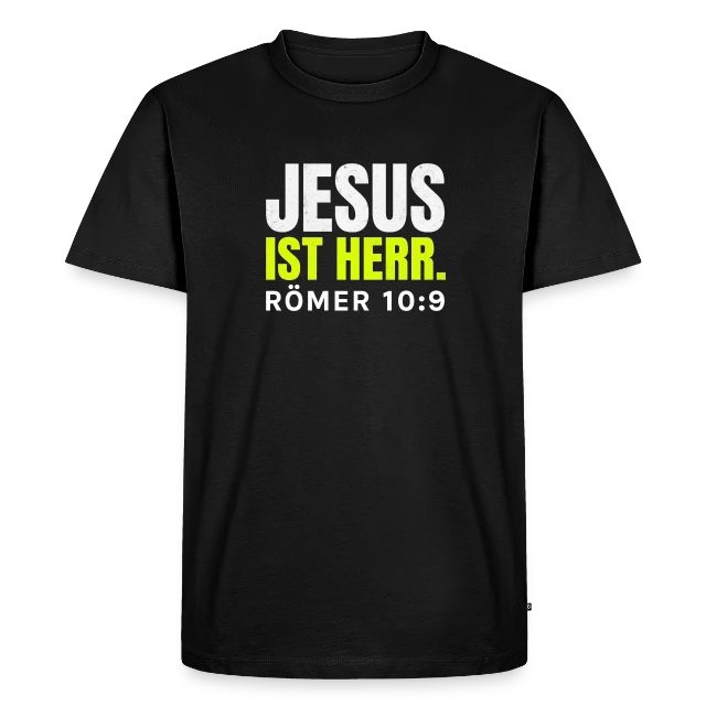 Jesus ist Herr – Römer 10,9 auf Männer Premium Bio T-Shirt in Schwarz, Vorderansicht
