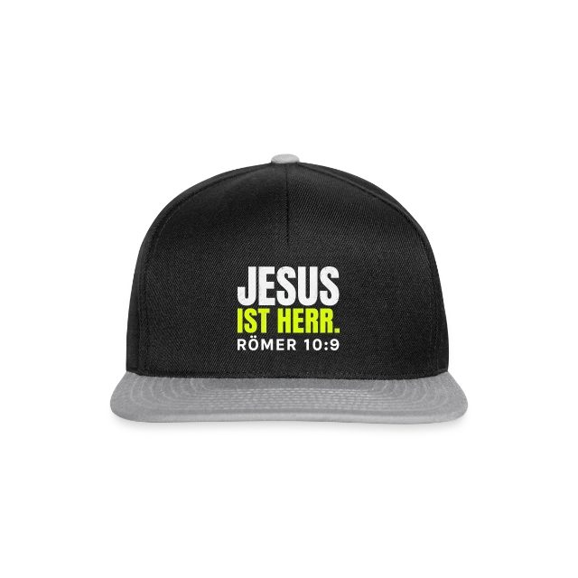 Jesus ist Herr – Römer 10,9 auf Snapback Cap in Schwarz/Grau, Vorderansicht