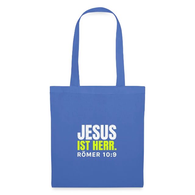 Jesus ist Herr – Römer 10,9 auf Stoffbeutel in Hellblau, Vorderansicht