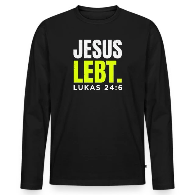 Jesus lebt – Lukas 24,6 auf Männer Premium Bio Langarmshirt in Schwarz, Vorderansicht