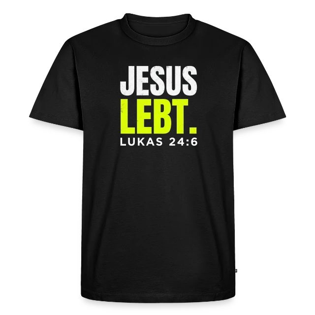 Jesus lebt – Lukas 24,6 auf Männer Premium Bio T-Shirt in Schwarz, Vorderansicht