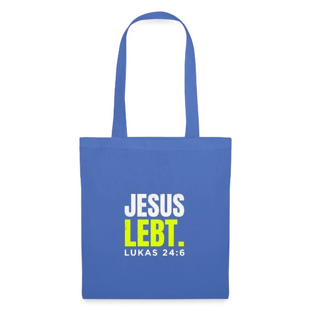 Jesus lebt – Lukas 24,6 auf Stoffbeutel in Hellblau, Vorderansicht
