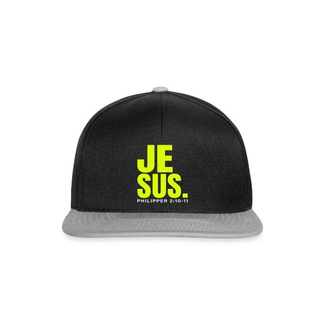 Jesus. – Philipper 2,10–11 auf Snapback Cap in Schwarz/Grau, Vorderansicht