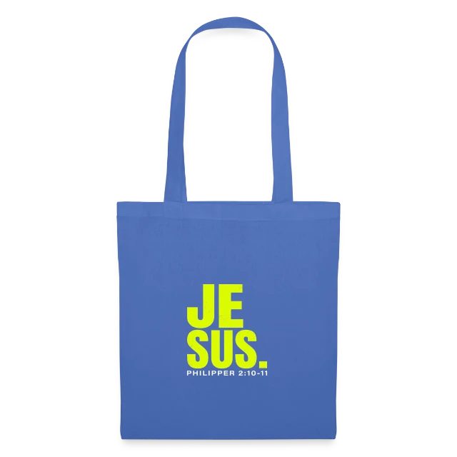 Jesus. – Philipper 2,10–11 auf Stoffbeutel in Hellblau, Vorderansicht