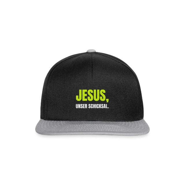Jesus, unser Schicksal auf Snapback Cap in Schwarz/Grau, Vorderansicht