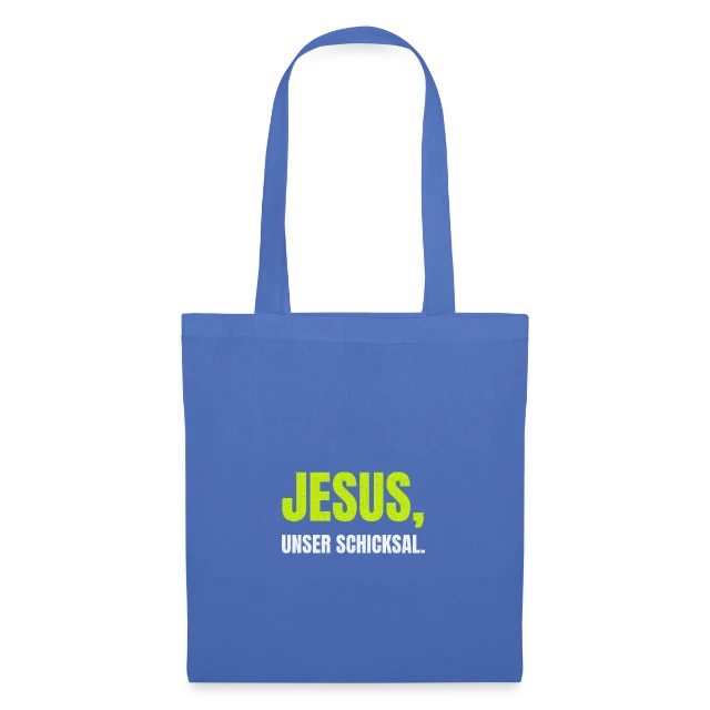 Jesus, unser Schicksal auf Stoffbeutel in Hellblau, Vorderansicht