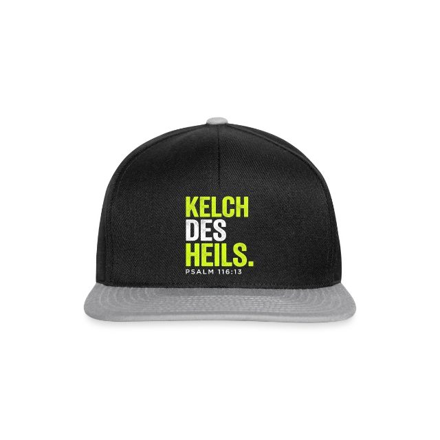 Kelch des Heils – Psalm 116,13 auf Snapback Cap in Schwarz/Grau, Vorderansicht
