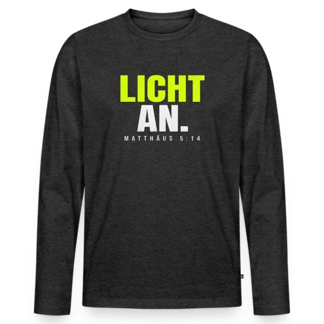 Licht an – Matthäus 5,14 auf Männer Premium Bio Langarmshirt in Anthrazit meliert, Vorderansicht