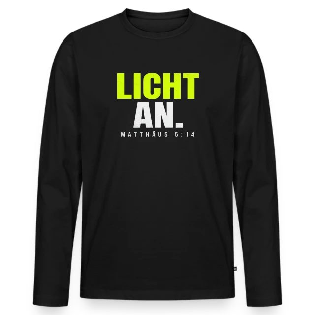 Licht an – Matthäus 5,14 auf Männer Premium Bio Langarmshirt in Schwarz, Vorderansicht