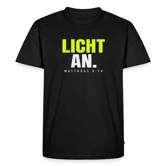 Licht an – Matthäus 5,14 auf Männer Premium Bio T-Shirt in Schwarz, Vorderansicht