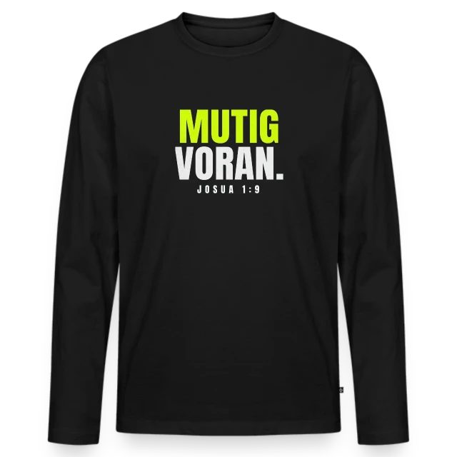 Mutig voran – Josua 1,9 auf Männer Premium Bio Langarmshirt in Schwarz, Vorderansicht