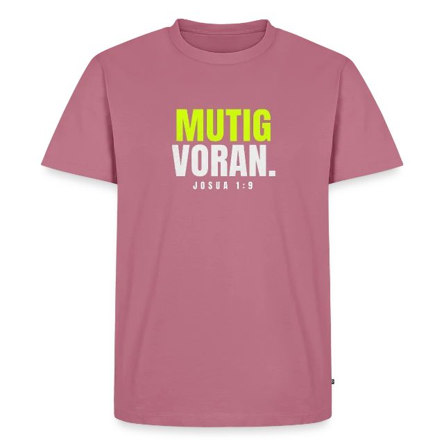 Mutig voran – Josua 1,9 auf Männer Premium Bio T-Shirt in Mauve, Vorderansicht